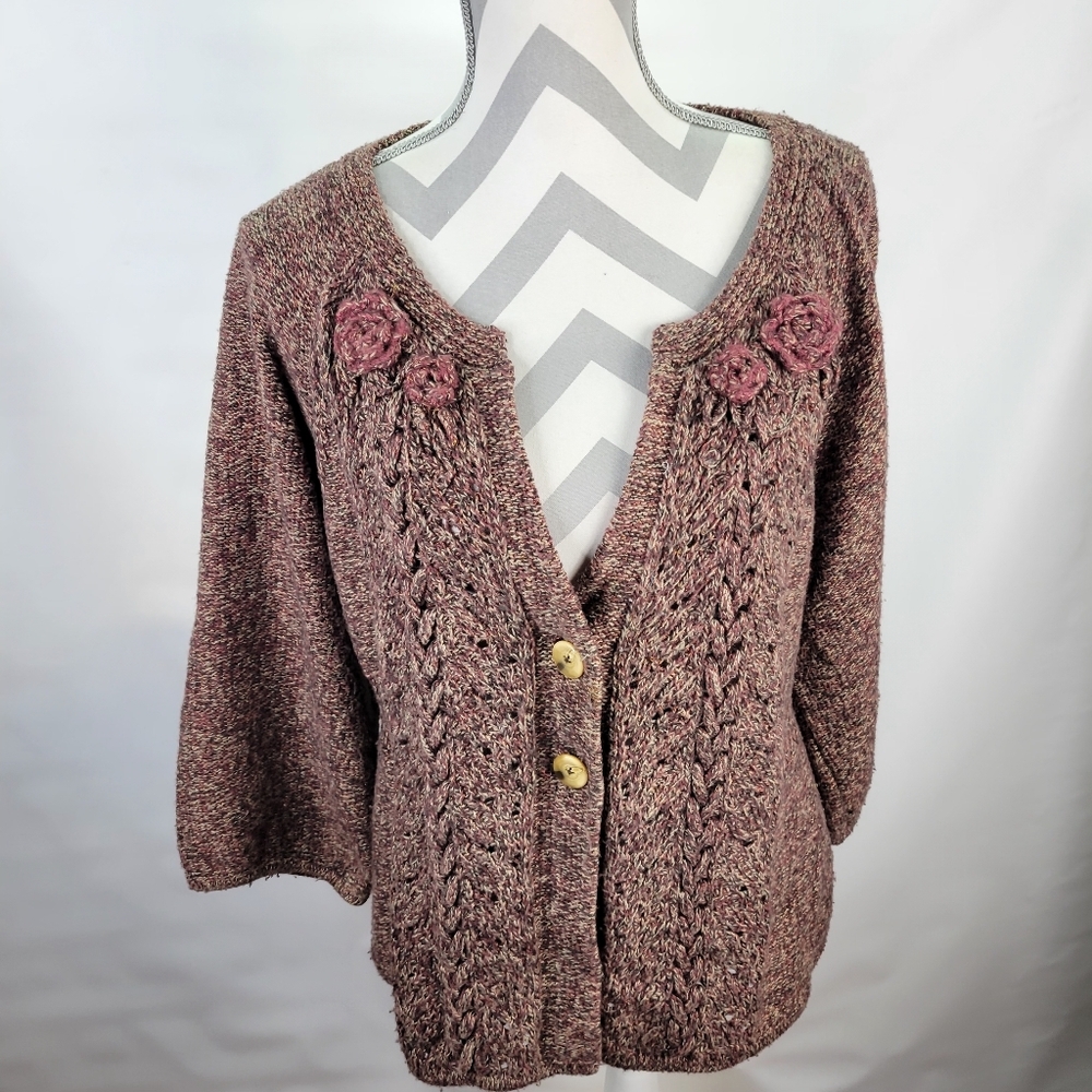 DKNY Jean Cardigan Cotton Blend Flower Embellishment Marled Pink Brown Size XL - Picture 9 of 15
